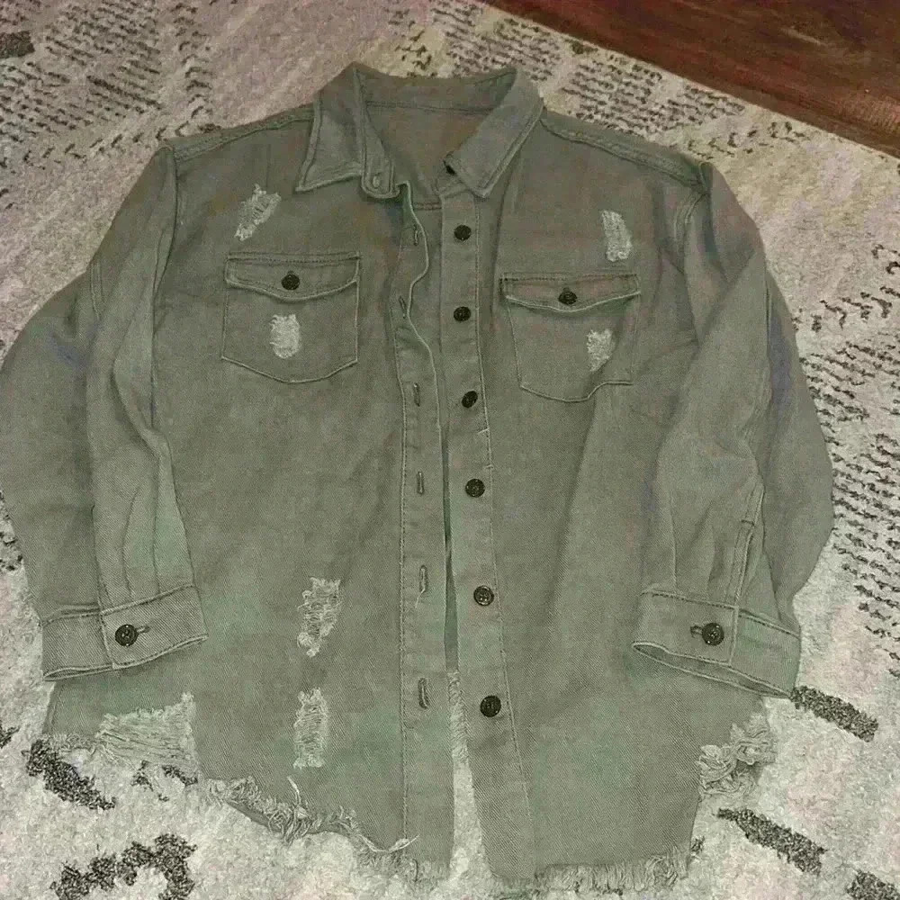 Shein distressed‎ green denim jacket size S